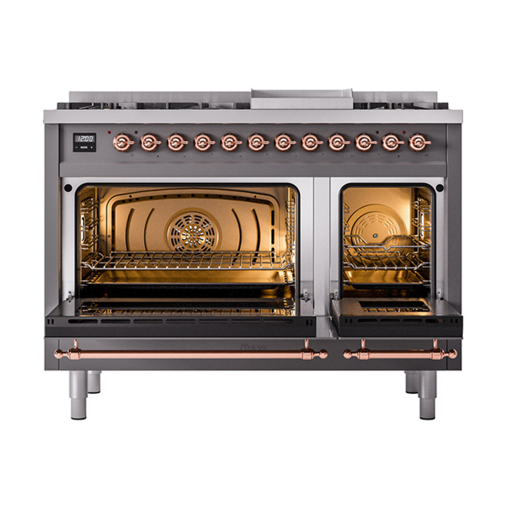 ILVE Nostalgie II Noblesse 48-Inch Freestanding Natural Gas Dual Fuel Range with Solid Door Oven in Matte Graphite with Copper Trim (UN48FQNMPMGP)