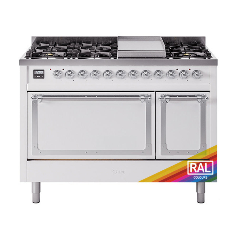 ILVE Nostalgie II Noblesse 48-Inch Dual Fuel Freestanding Range with Solid Door Oven in Custom RAL with Chrome Trim (UN48FQNMPRACLP)