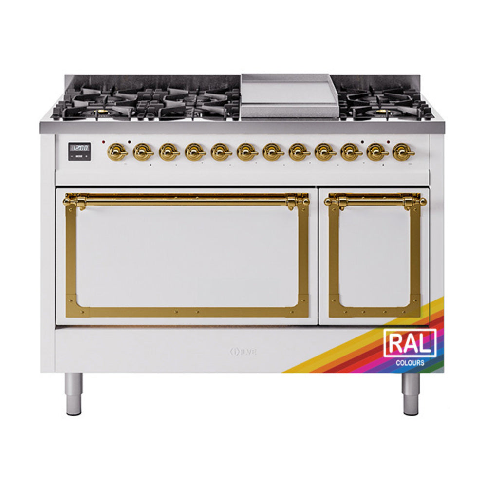 ILVE Nostalgie II Noblesse 48-Inch Freestanding Natural Gas Dual Fuel Range with Solid Door Oven in RAL with Brass Trim (UN48FQNMPRAG)