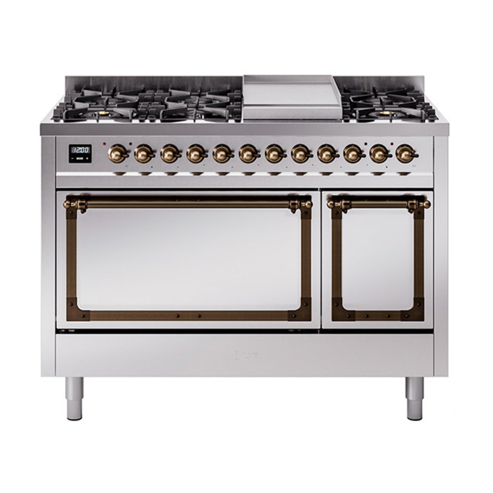 ILVE Nostalgie II Noblesse 48-Inch Dual Fuel Freestanding Range with Solid Door Oven in Stainless Steel with Bronze Trim (UN48FQNMPSSBLP)