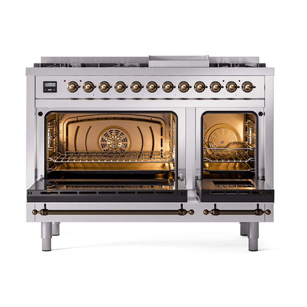 ILVE Nostalgie II Noblesse 48-Inch Dual Fuel Freestanding Range with Solid Door Oven in Stainless Steel with Bronze Trim (UN48FQNMPSSBLP)