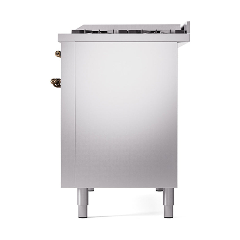 ILVE Nostalgie II Noblesse 48-Inch Dual Fuel Freestanding Range with Solid Door Oven in Stainless Steel with Bronze Trim (UN48FQNMPSSBLP)