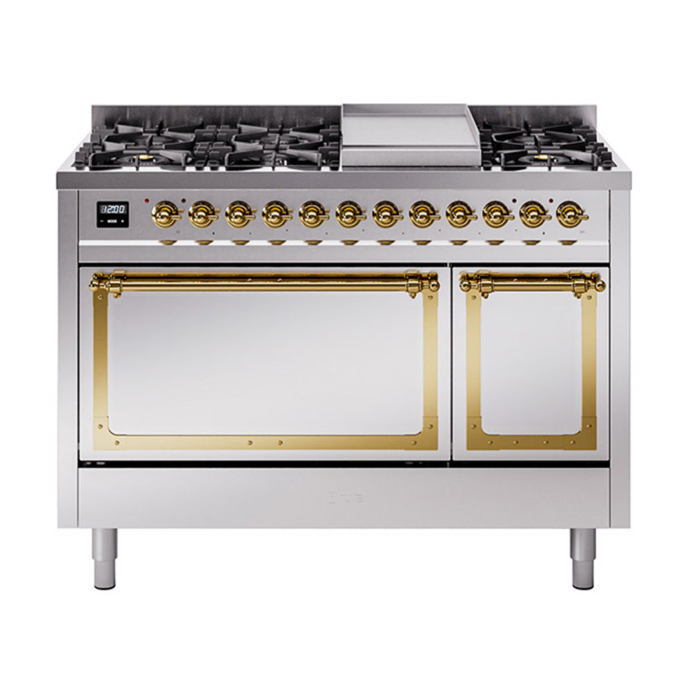 ILVE Nostalgie II Noblesse 48-Inch Dual Fuel Freestanding Range with Solid Door Oven in Stainless Steel with Brass Trim (UN48FQNMPSSGLP)