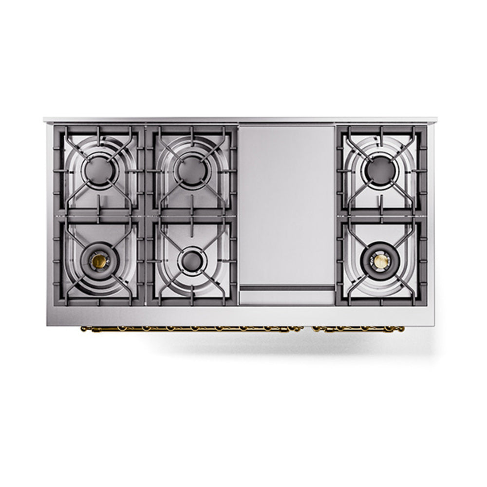 ILVE Nostalgie II Noblesse 48-Inch Dual Fuel Freestanding Range with Solid Door Oven in Stainless Steel with Brass Trim (UN48FQNMPSSGLP)