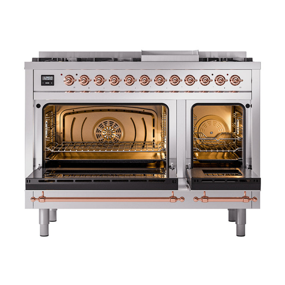 ILVE Nostalgie II Noblesse 48-Inch Dual Fuel Freestanding Range with Solid Door Oven in Stainless Steel with Copper Trim (UN48FQNMPSSPLP)