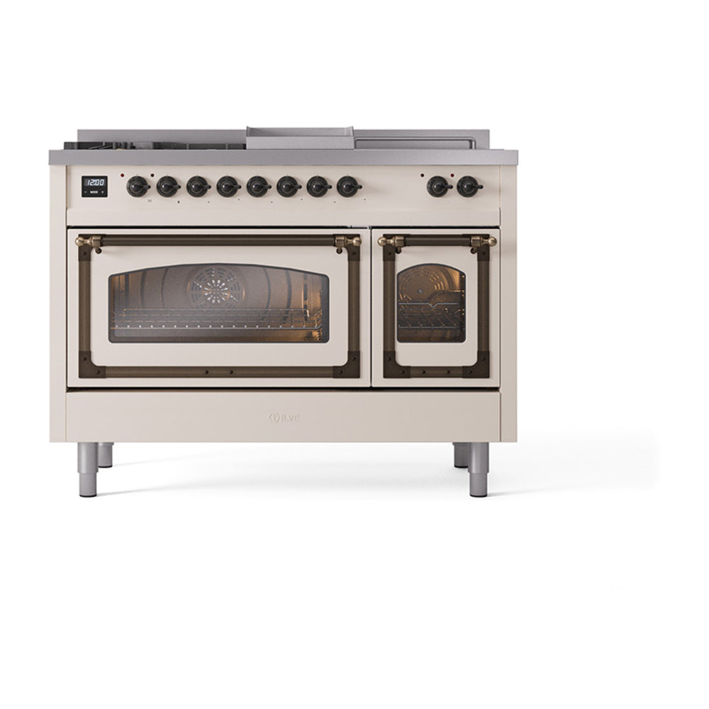 ILVE Nostalgie II Noblesse 48-Inch Propane Gas Dual Fuel Range with 5 Burners, Griddle, & French Top with Triple Glass Door Oven in Antique White with Bronze Trim (UN48FSNMPAWBLP)