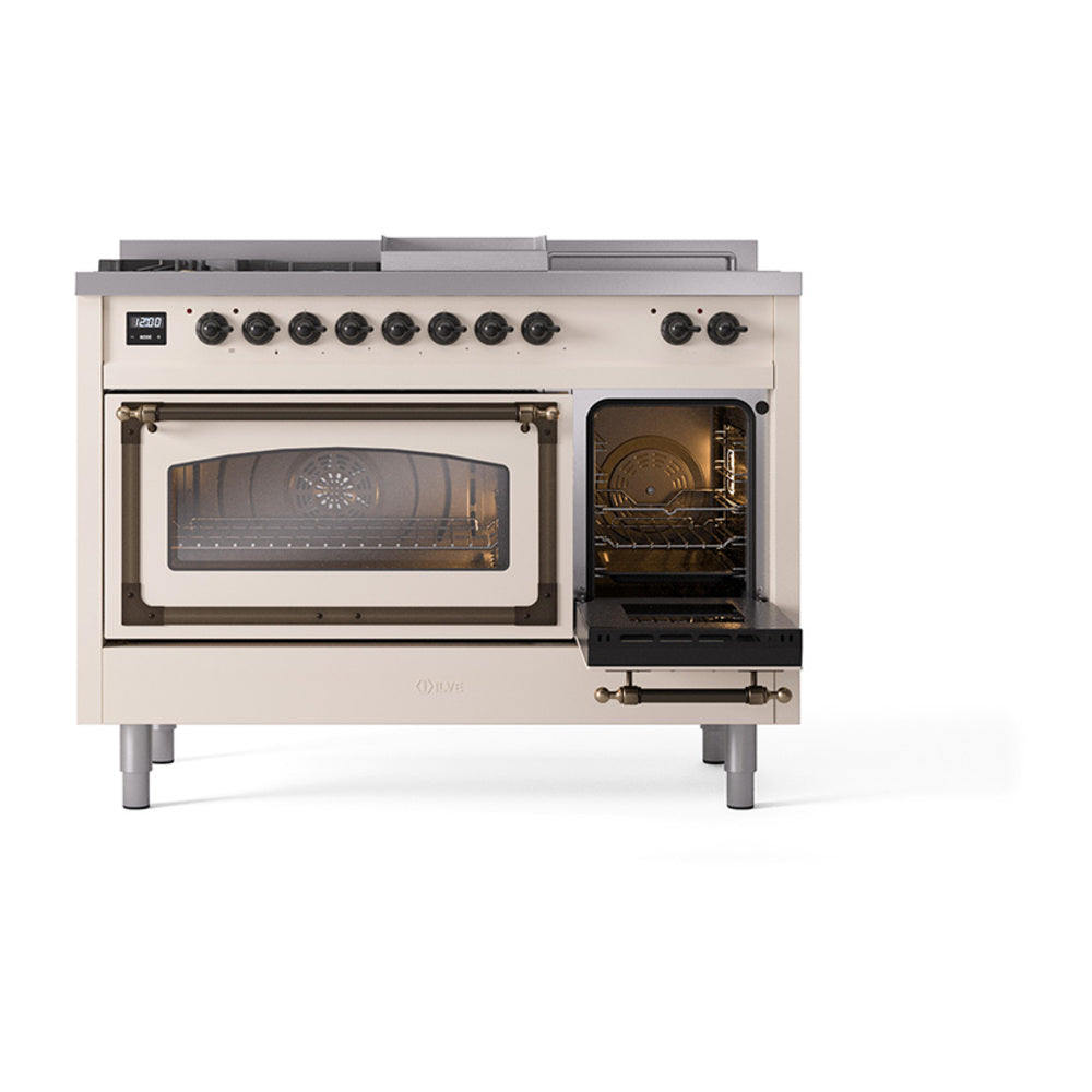 ILVE Nostalgie II Noblesse 48-Inch Propane Gas Dual Fuel Range with 5 Burners, Griddle, & French Top with Triple Glass Door Oven in Antique White with Bronze Trim (UN48FSNMPAWBLP)