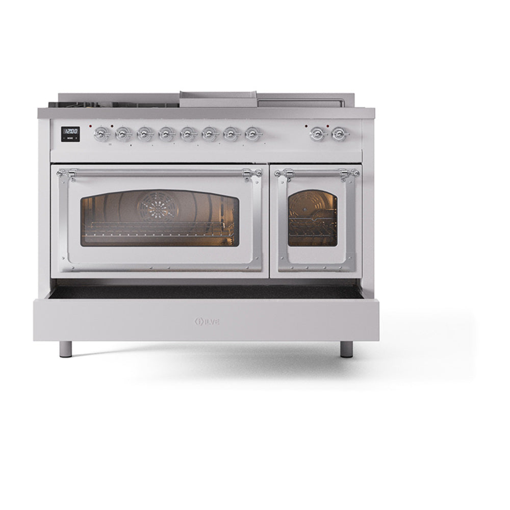ILVE 48-Inch Nostalgie II Noblesse Natural Gas Dual Fuel Range with 5 Sealed Burners, Griddle, French Top and Triple Glass Door Oven in Custom RAL with Chrome Trim (UN48FSNMPRAC)