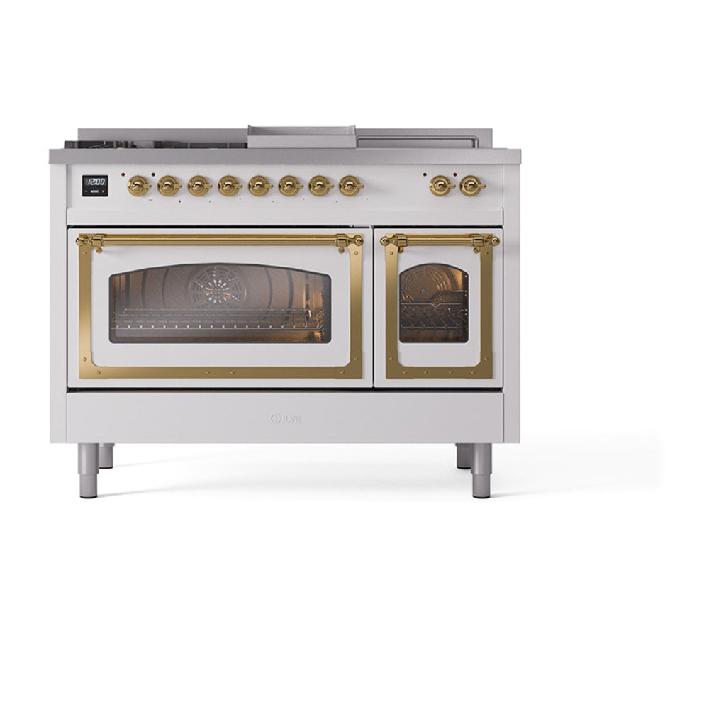 ILVE 48-Inch Nostalgie II Noblesse Propane Gas Dual Fuel Range with 5 Sealed Burners, Griddle, French Top and Triple Glass Door Oven in RAL with Brass Trim (UN48FSNMPRAGLP)