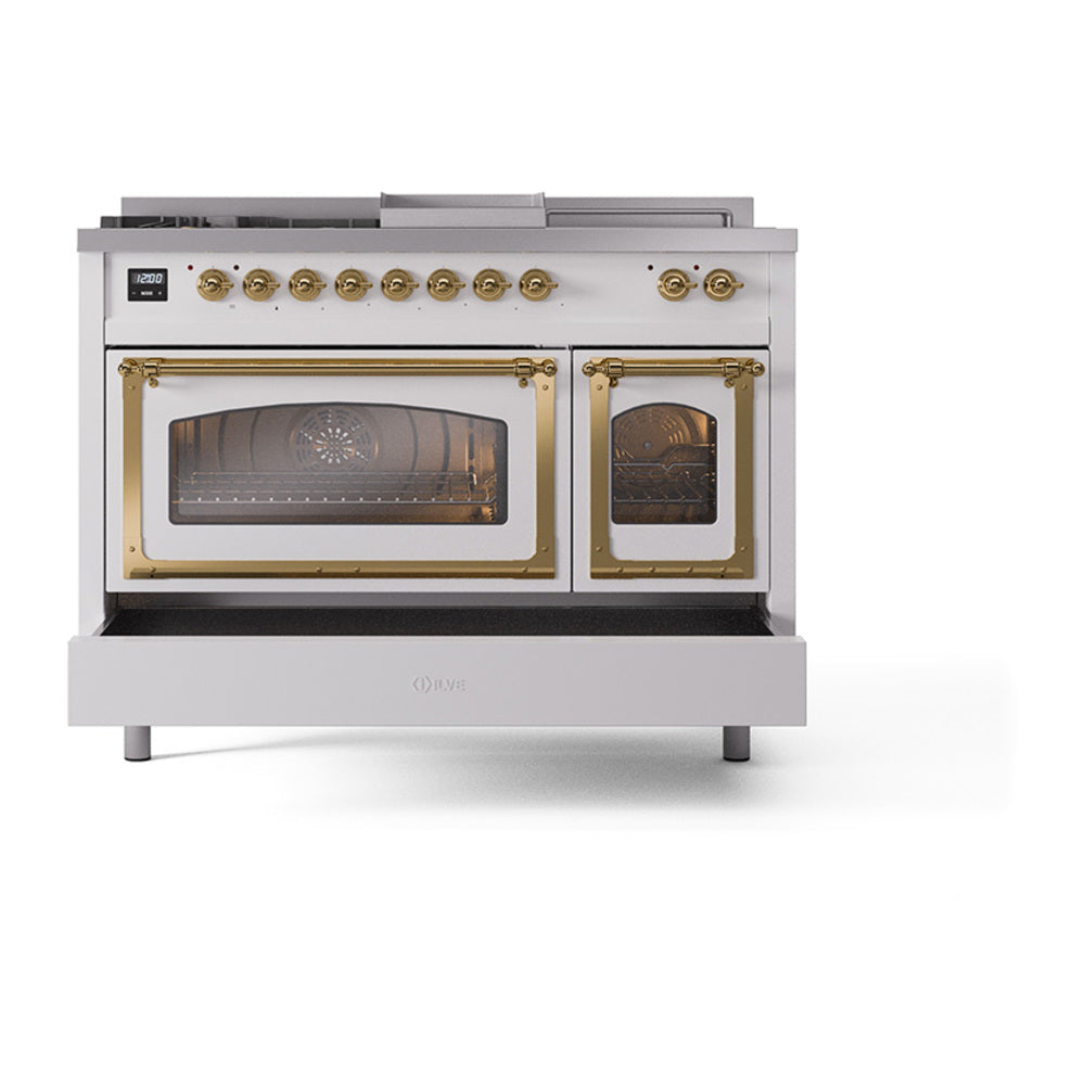 ILVE 48-Inch Nostalgie II Noblesse Propane Gas Dual Fuel Range with 5 Sealed Burners, Griddle, French Top and Triple Glass Door Oven in RAL with Brass Trim (UN48FSNMPRAGLP)