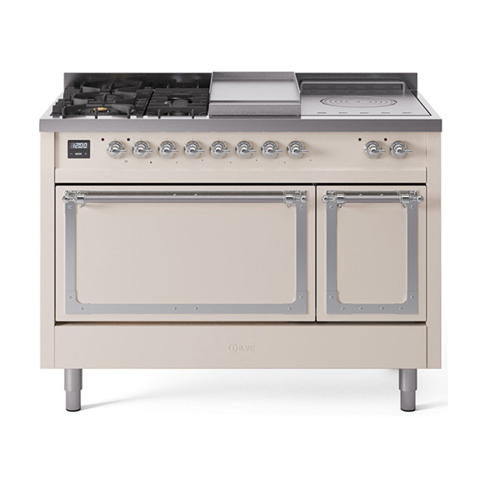 ILVE 48-Inch Nostalgie II Noblesse Propane Gas Dual Fuel Range with 5 Sealed Burners, Griddle, French Top and Solid Door Oven in Antique White with Chrome Trim (UN48FSQNMPAWCLP)