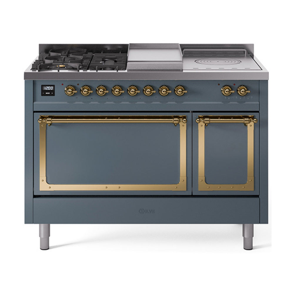 ILVE 48-Inch Nostalgie II Noblesse Propane Gas Dual Fuel Range with 5 Sealed Burners, Griddle, French Top and Solid Door Oven in Blue Grey with Brass Trim (UN48FSQNMPBGGLP)