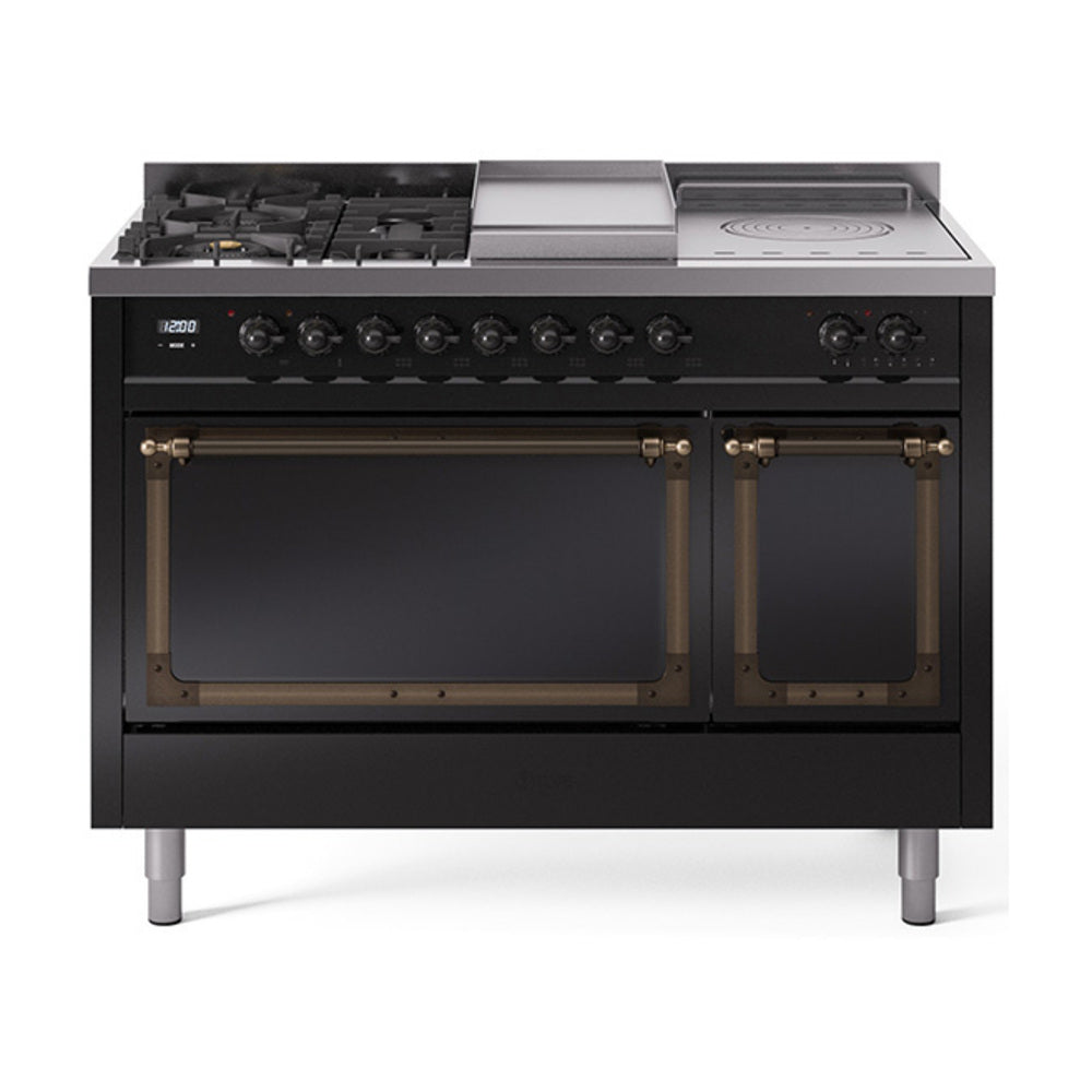 ILVE 48-Inch Nostalgie II Noblesse Propane Gas Dual Fuel Range with 5 Sealed Burners, Griddle, French Top and Solid Door Oven in Glossy Black with Bronze Trim (UN48FSQNMPBKBLP)