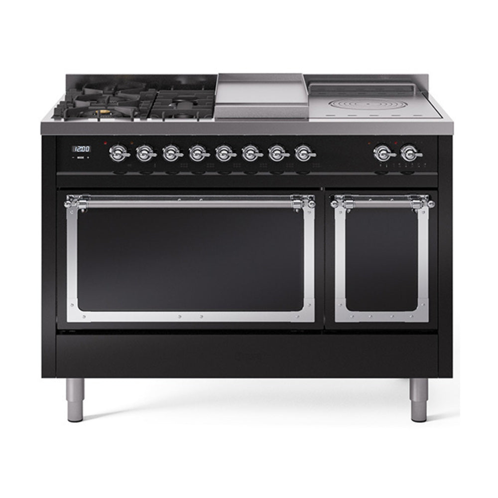 ILVE 48-Inch Nostalgie II Noblesse Propane Gas Dual Fuel Range with 5 Sealed Burners, Griddle, French Top and Solid Door Oven in Glossy Black with Chrome Trim (UN48FSQNMPBKCLP)