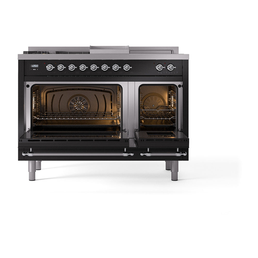 ILVE 48-Inch Nostalgie II Noblesse Propane Gas Dual Fuel Range with 5 Sealed Burners, Griddle, French Top and Solid Door Oven in Glossy Black with Chrome Trim (UN48FSQNMPBKCLP)
