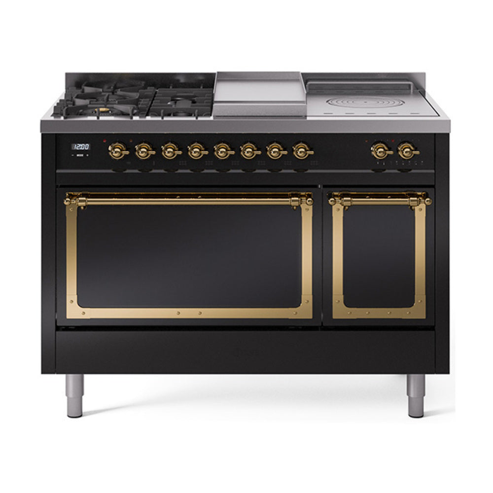 ILVE 48-Inch Nostalgie II Noblesse Propane Gas Dual Fuel Range with 5 Sealed Burners, Griddle, French Top and Solid Door Oven in Glossy Black with Brass Trim (UN48FSQNMPBKGLP)