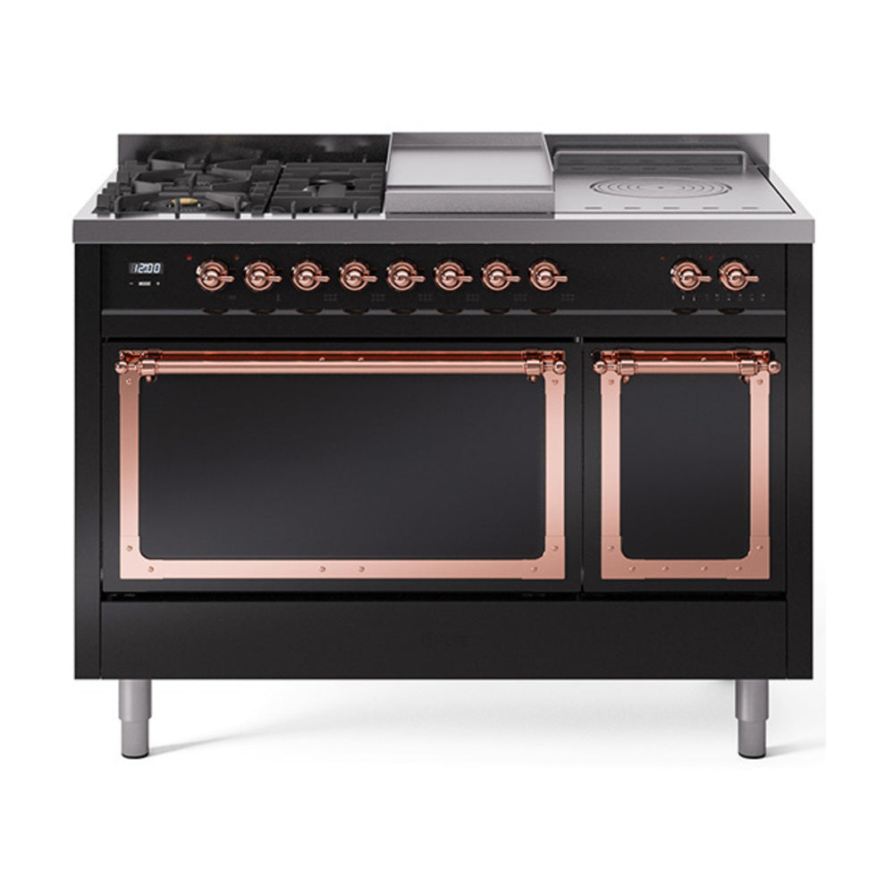 ILVE 48-Inch Nostalgie II Noblesse Propane Gas Dual Fuel Range with 5 Sealed Burners, Griddle, French Top and Solid Door Oven in Glossy Black with Copper Trim (UN48FSQNMPBKPLP)