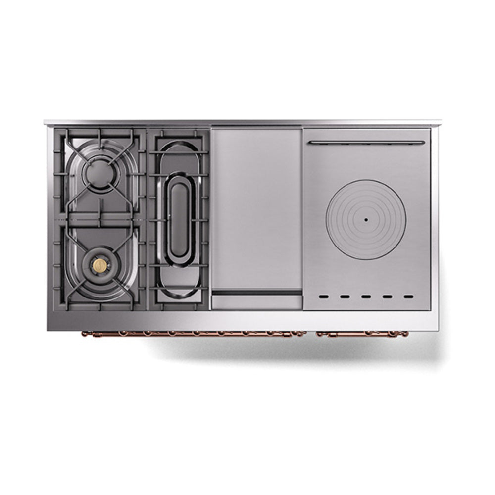 ILVE 48-Inch Nostalgie II Noblesse Propane Gas Dual Fuel Range with 5 Sealed Burners, Griddle, French Top and Solid Door Oven in Burgundy with Copper Trim (UN48FSQNMPBUPLP)