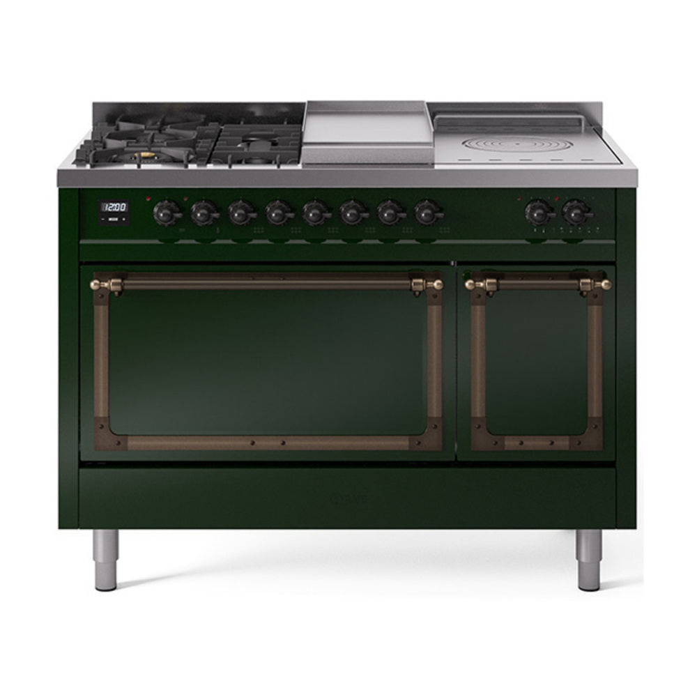 ILVE 48-Inch Nostalgie II Noblesse Propane Gas Dual Fuel Range with 5 Sealed Burners, Griddle, French Top and Solid Door Oven in Emerald Green with Bronze Trim (UN48FSQNMPEGBLP)