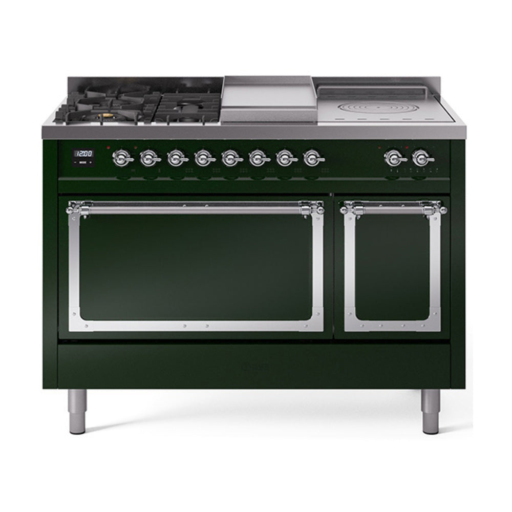 ILVE 48-Inch Nostalgie II Noblesse Propane Gas Dual Fuel Range with 5 Sealed Burners, Griddle, French Top and Solid Door Oven in Emerald Green with Chrome Trim (UN48FSQNMPEGCLP)