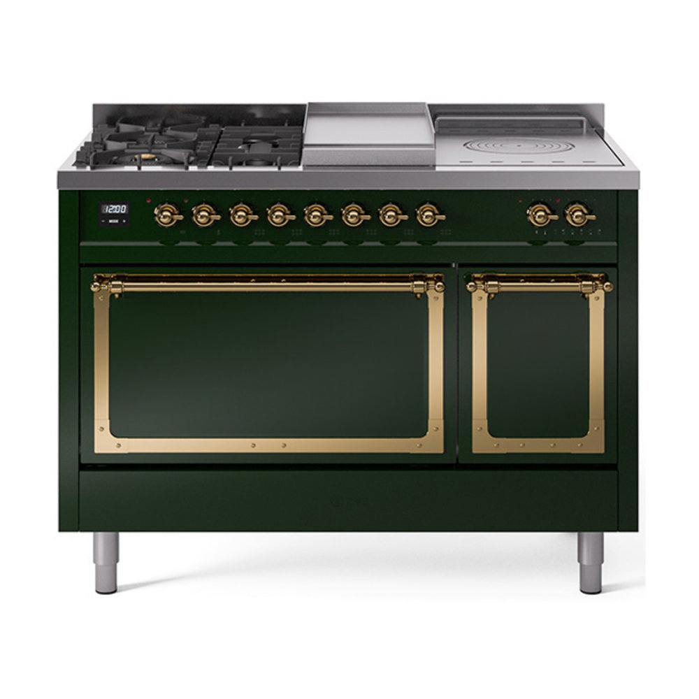 ILVE 48-Inch Nostalgie II Noblesse Propane Gas Dual Fuel Range with 5 Sealed Burners, Griddle, French Top and Solid Door Oven in Emerald Green with Brass Trim (UN48FSQNMPEGGLP)