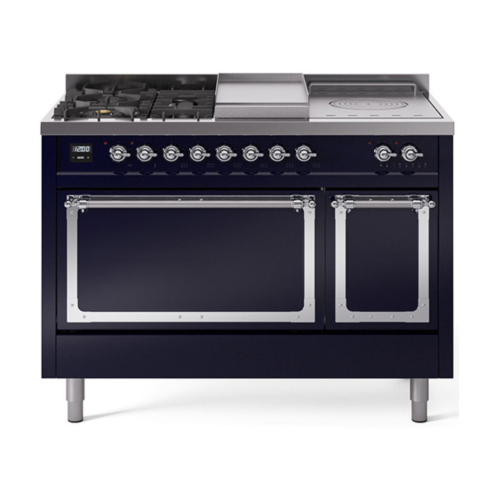 ILVE 48-Inch Nostalgie II Noblesse Natural Gas Dual Fuel Range with 5 Sealed Burners, Griddle, French Top and Solid Door Oven in Midnight Blue with Chrome Trim (UN48FSQNMPMBC)