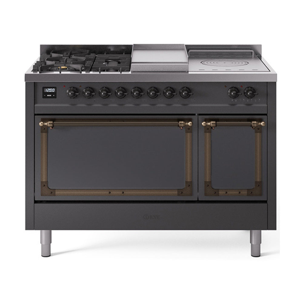 ILVE 48-Inch Nostalgie II Noblesse Natural Gas Dual Fuel Range with 5 Sealed Burners, Griddle, French Top and Solid Door Oven in Matte Graphite with Bronze Trim (UN48FSQNMPMGB)