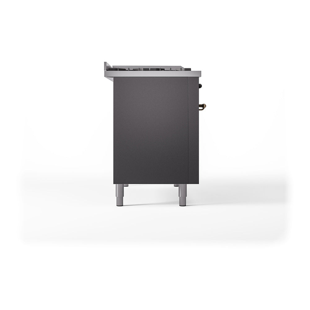 ILVE 48-Inch Nostalgie II Noblesse Natural Gas Dual Fuel Range with 5 Sealed Burners, Griddle, French Top and Solid Door Oven in Matte Graphite with Bronze Trim (UN48FSQNMPMGB)