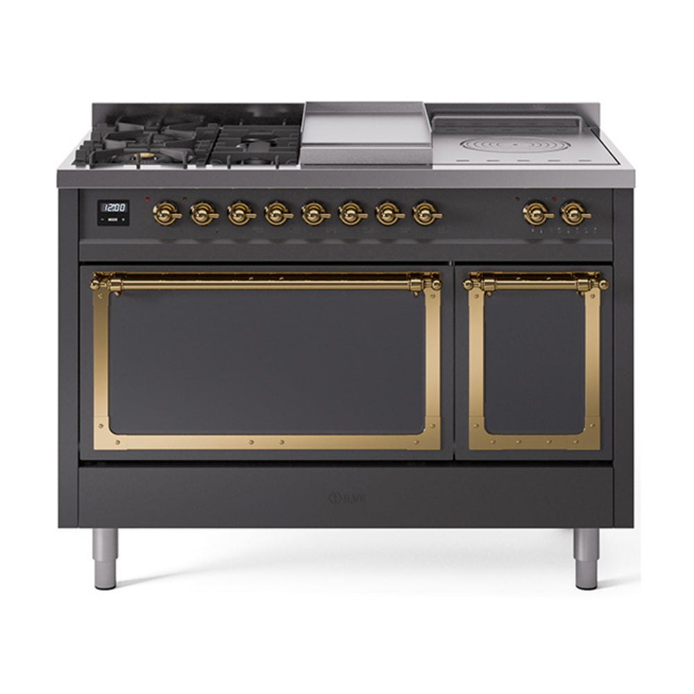 ILVE 48-Inch Nostalgie II Noblesse Natural Gas Dual Fuel Range with 5 Sealed Burners, Griddle, French Top and Solid Door Oven in Matte Graphite with Brass Trim (UN48FSQNMPMGG)