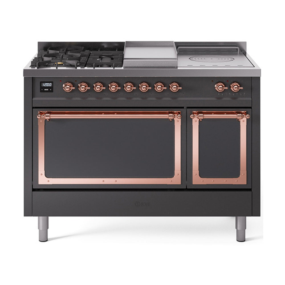 ILVE 48-Inch Nostalgie II Noblesse Propane Gas Dual Fuel Range with 5 Sealed Burners, Griddle, French Top and Solid Door Oven in Matte Graphite with Copper Trim