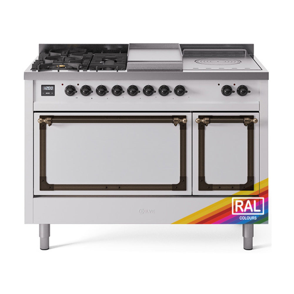 ILVE 48-Inch Nostalgie II Noblesse Propane Gas Dual Fuel Range with 5 Sealed Burners, Griddle, French Top and Solid Door Oven in Custom RAL with Bronze Trim (UN48FSQNMPRABLP)