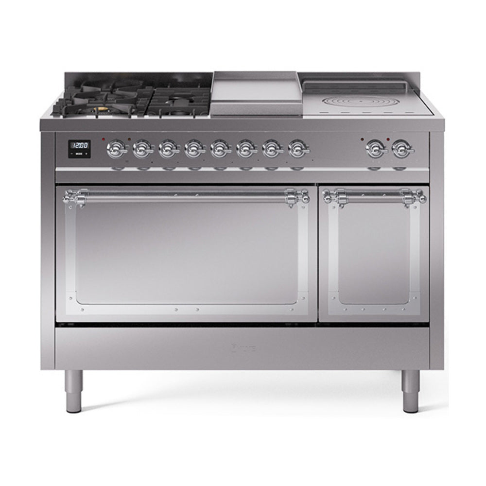 ILVE 48-Inch Nostalgie II Noblesse Natural Gas Dual Fuel Range with 5 Sealed Burners, Griddle, French Top and Solid Door Oven in Stainless Steel with Chrome Trim (UN48FSQNMPSSC)