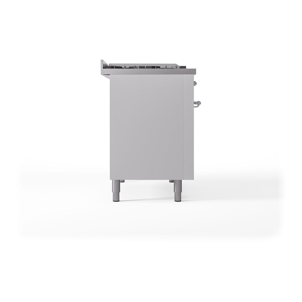 ILVE 48-Inch Nostalgie II Noblesse Natural Gas Dual Fuel Range with 5 Sealed Burners, Griddle, French Top and Solid Door Oven in White with Chrome Trim (UN48FSQNMPWHC)