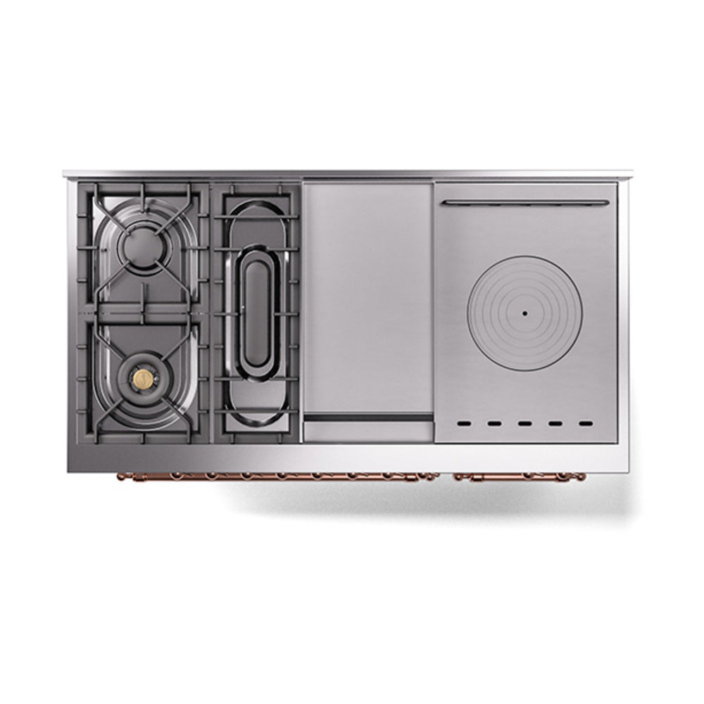 ILVE 48-Inch Nostalgie II Noblesse Natural Gas Dual Fuel Range with 5 Sealed Burners, Griddle, French Top and Solid Door Oven in White with Copper Trim (UN48FSQNMPWHP)