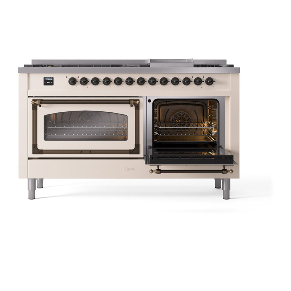 ILVE 60-Inch Nostalgie II Noblesse Propane Gas Dual Fuel Range with 9 Sealed Burners, Griddle, Triple Glass Door Oven in Antique White with Bronze Trim (UN60FNMPAWBLP)