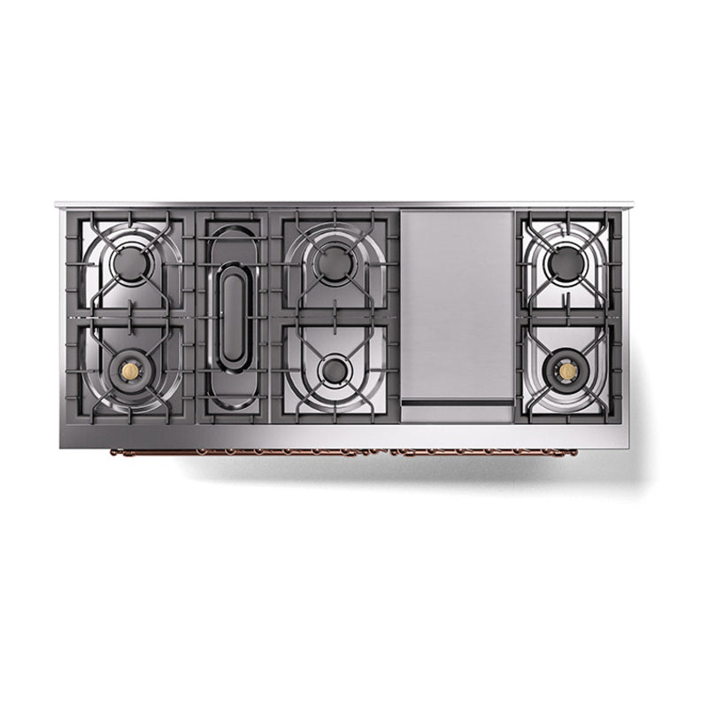ILVE 60-Inch Nostalgie II Noblesse Propane Gas Dual Fuel Range with 9 Sealed Burners, Griddle, Triple Glass Door Oven in Blue Grey with Copper Trim (UN60FNMPBGPLP)