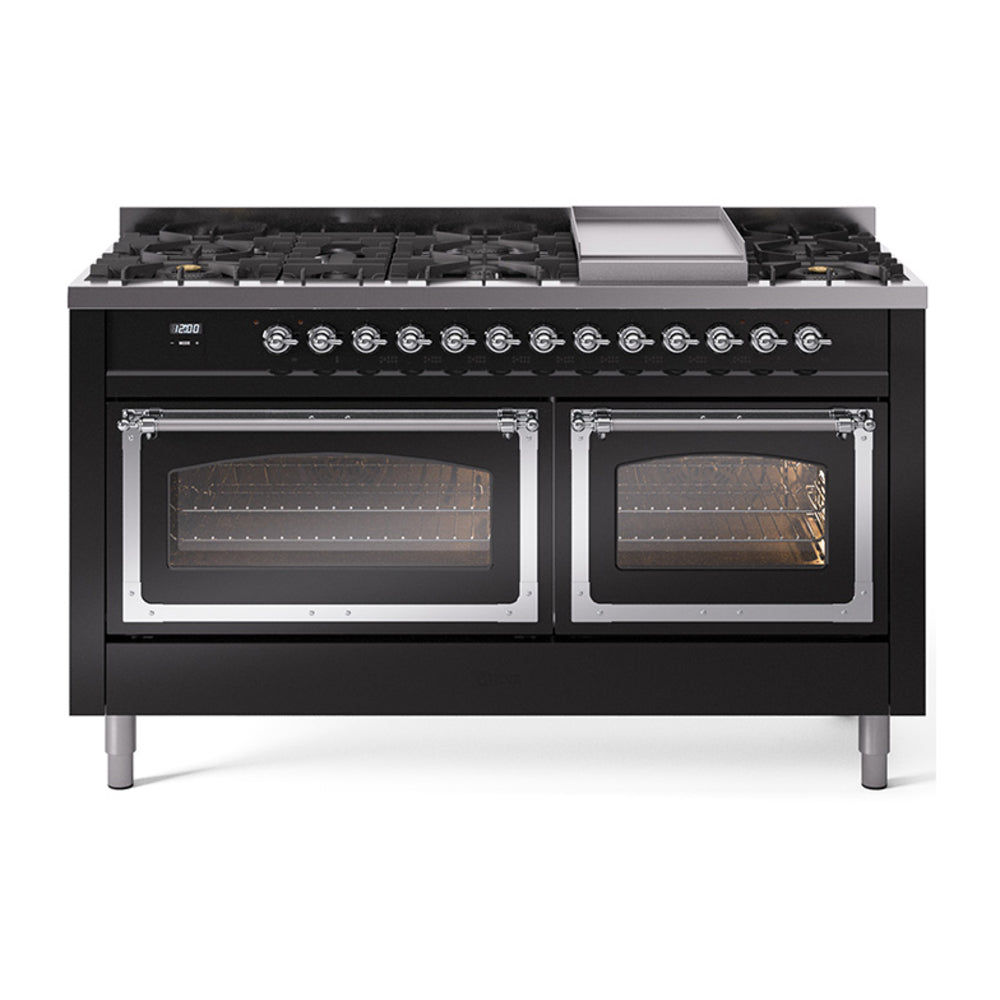 ILVE 60-Inch Nostalgie II Noblesse Propane Gas Dual Fuel Range with 9 Sealed Burners, Griddle, Triple Glass Door Oven in Glossy Black with Chrome Trim (UN60FNMPBKCLP)