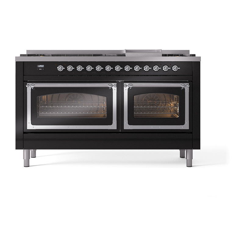 ILVE 60-Inch Nostalgie II Noblesse Propane Gas Dual Fuel Range with 9 Sealed Burners, Griddle, Triple Glass Door Oven in Glossy Black with Chrome Trim (UN60FNMPBKCLP)