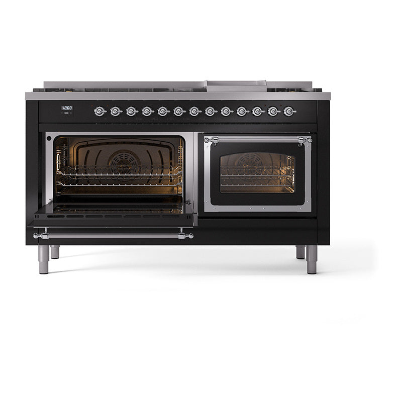 ILVE 60-Inch Nostalgie II Noblesse Propane Gas Dual Fuel Range with 9 Sealed Burners, Griddle, Triple Glass Door Oven in Glossy Black with Chrome Trim (UN60FNMPBKCLP)