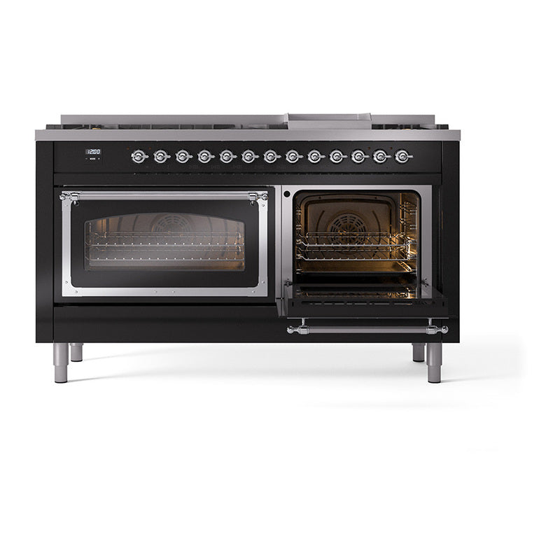 ILVE 60-Inch Nostalgie II Noblesse Propane Gas Dual Fuel Range with 9 Sealed Burners, Griddle, Triple Glass Door Oven in Glossy Black with Chrome Trim (UN60FNMPBKCLP)