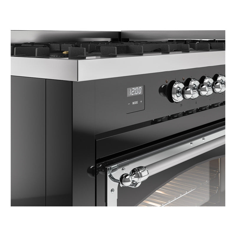 ILVE 60-Inch Nostalgie II Noblesse Propane Gas Dual Fuel Range with 9 Sealed Burners, Griddle, Triple Glass Door Oven in Glossy Black with Chrome Trim (UN60FNMPBKCLP)
