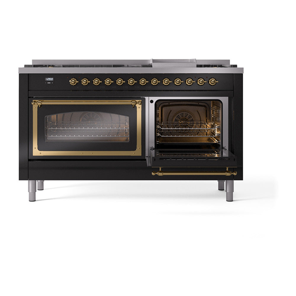 ILVE 60-Inch Nostalgie II Noblesse Propane Gas Dual Fuel Range with 9 Sealed Burners, Griddle, Triple Glass Door Oven in Glossy Black with Brass Trim (UN60FNMPBKGLP)