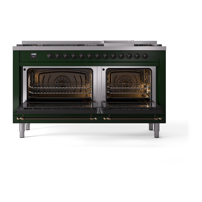 ILVE 60-Inch Nostalgie II Noblesse Natural Gas Dual Fuel Range in Emerald Green with Bronze Trim (UN60FNMPEGB)