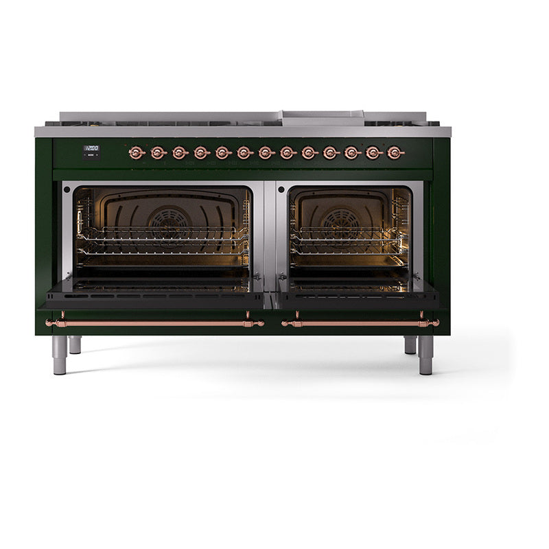 ILVE 60-Inch Nostalgie II Noblesse Propane Gas Dual Fuel Range with 9 Sealed Burners, Griddle, Triple Glass Door Oven in Emerald Green with Copper Trim (UN60FNMPEGPLP)
