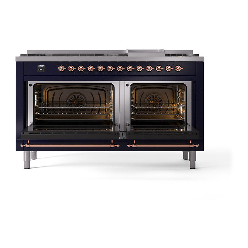 ILVE 60-Inch Nostalgie II Noblesse Propane Gas Dual Fuel Range with 9 Sealed Burners, Griddle, Triple Glass Door Oven in Midnight Blue with Copper Trim (UN60FNMPMBPLP)