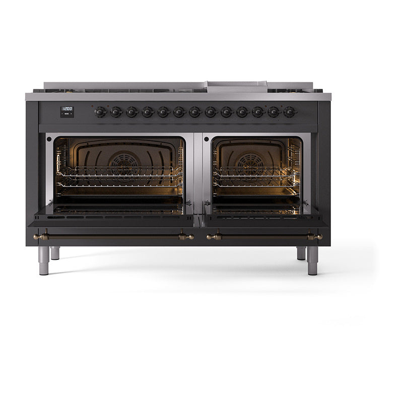 ILVE 60-Inch Nostalgie II Noblesse Propane Gas Dual Fuel Range with 9 Sealed Burners, Griddle, Triple Glass Door Oven in Matte Graphite with Bronze Trim (UN60FNMPMGBLP)