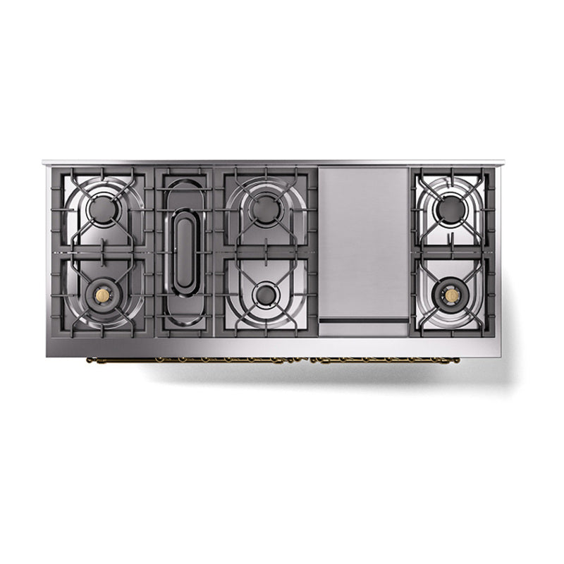 ILVE 60-Inch Nostalgie II Noblesse Propane Gas Dual Fuel Range with 9 Sealed Burners, Griddle, Triple Glass Door Oven in Matte Graphite with Brass Trim (UN60FNMPMGGLP)