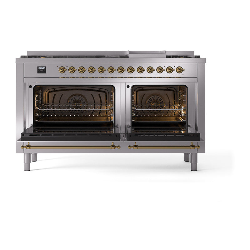 ILVE 60-Inch Nostalgie II Noblesse Propane Gas Dual Fuel Range with 9 Sealed Burners, Griddle, Triple Glass Door Oven in Stainless Steel with Brass Trim (UN60FNMPSSGLP)
