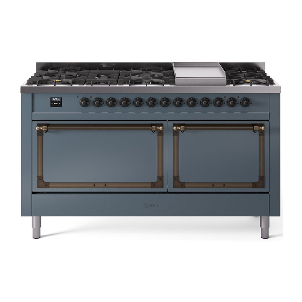ILVE 60-Inch Nostalgie II Noblesse Propane Gas Dual Fuel Range with 9 Sealed Burners, Griddle, and Solid Door Oven in Blue Grey with Bronze Trim (UN60FQNMPBGBLP)