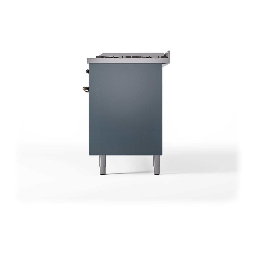 ILVE 60-Inch Nostalgie II Noblesse Propane Gas Dual Fuel Range with 9 Sealed Burners, Griddle, and Solid Door Oven in Blue Grey with Bronze Trim (UN60FQNMPBGBLP)